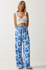 Happiness İstanbul Women Ecru Blue High Waist Summer Wide Viscose Trousers