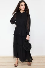 Trendyol Black Sleeves and Waist Gipe Detailed Lined Chiffon Woven Shirt Dress