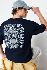 Trendyol Navy Blue Oversize/Wide Fit Back Fluffy Text Printed 100% Cotton T-shirt