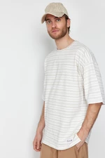 Trendyol Ecru Oversize/Wide-Fit Striped Label Short Sleeve Textured T-Shirt