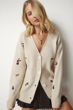 Happiness İstanbul Women's Cream Floral Embroidered Buttoned Knitwear Cardigan