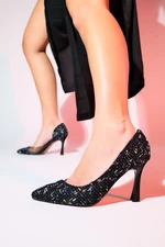 LuviShoes WAYNE Women's Black Color Tweed Transparent Heeled Shoes