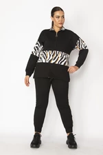Şans Women's Plus Size Black Front Pat with Zippered Garnish Detailed Sweatshirt and Pants Suit