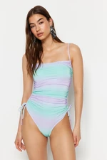 Trendyol Gradient Patterned Strapless Draped Silvery High Leg Regular Swimsuit