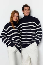 Trendyol Navy Blue Unisex Oversize Fit Wide Fit Striped Knitwear Sweater