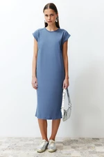 Trendyol Indigo Plain T-shirt Dress 100% Cotton Moon Sleeve Shift/Relaxed Cut Midi Midi Dress