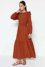 Trendyol Cinnamon Belt With Frill Shoulders on the Shoulders With Frills Flannel Lined Viscose-Mixed Woven Dress