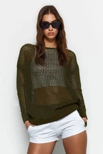 Trendyol Khaki Super Wide Fit Cotton Openwork/Perforated Knitwear Sweater
