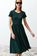 Trendyol Dark Green Printed Skater/Waist Open Elastic Knitted Midi Dress