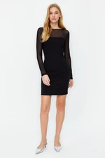 Trendyol Black Striped Fitted Compression Tulle Collar Woven Mini Dress