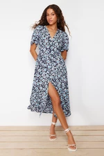 Trendyol Blue Floral V Neck Midi Woven Shirt Dress