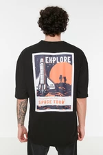 Trendyol Black Men's Oversize/Wide Cut Crew Neck Short Sleeve Space Print 100% Cotton T-Shirt.