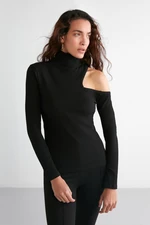 GRIMELANGE Sandy Women's Irregular Ribbed Stretch Fabric One-Shoulder Black Blouse GRIMELANGE Sandy Women's Irregular Ribbed Stretch Fabric One-Shoulder Black Blouse