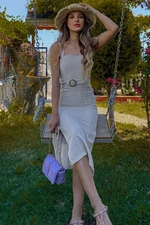 Trend Alaçatı Stili Women's Beige Thick Straps Linen Dress with Buckle Detail and Double Slits
