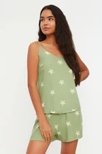 Trendyol zelená hviezdna šnúrková viskózová tkaná pyžamová súprava
