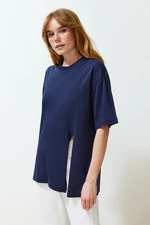 Trendyol Navy Blue 100% Supreme Slit Oversize/Wide Mold Asymmetrical Knitted T-Shirt