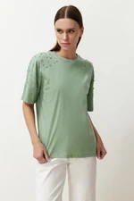 Trendyol Mint 100% Cotton Stone Accessory Detailed Relaxed/Comfortable Cut Knitted T-Shirt