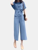 Solid Belt Pocket Rolled Sleeve Wide Leg Two Pieces Suit