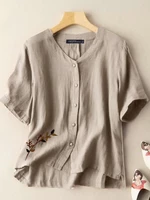 Cotton Embroidered Button Split V Neck Casual Blouse