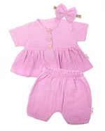 Baby Nellys 3-dílná mušelínová soupravička, tunika/halenka, kraťasky, čelenka, růžová, vel. 56 (1-2m)