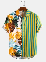 Men Tropical Leaf Colorful Stripe Mixed Print Short Sleeve Casual Holiday Shirts