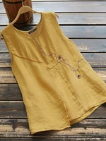 Pure Cotton Solid Sleeveless Bohemian Style Blouse For Women