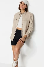 Trendyol Stone Woven Faux Leather Shirt with Double Pockets