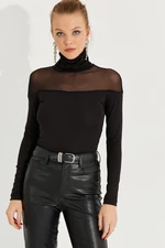 Cool & Sexy Women's Black Tulle Detailed Turtleneck Blouse