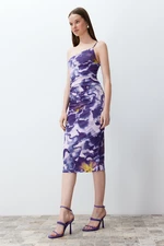 Trendyol Purple Printed Fitted Midi One Shoulder Stretchy Knitted Pencil Dress