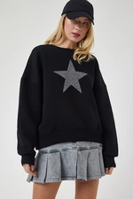 Happiness İstanbul Women's Black Star Embroidered Raised Knitted Sweatshirt