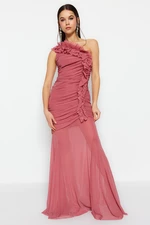 Trendyol Pale Pink Lined Flounce Tulle Long Evening Evening Dress