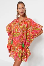 Trendyol Geometric Pattern, Wide Fit Mini Woven Tassels 100% Cotton Beach Dress