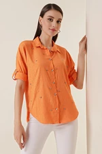 By Saygı Orange Polo Shirt with Stones and Staples on the Front and Buttons with Stones.