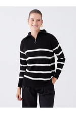 LC Waikiki Women's Knitwear Sweater with Jacket Collar Striped Long Sleeve Oversize
