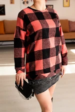 armonika Women's Pink Plaid Pattern Round Neck Oversized Sweatshirt