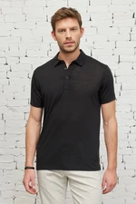 ALTINYILDIZ CLASSICS Men's Black Slim Fit Slim Fit Polo Neck Short Sleeved Linen-Looking T-Shirt.