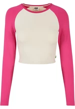 Women's Organic Cropped Retro Baseball Longsleeve Whitesand/Hibiscus Pink