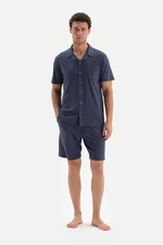 Dagi Navy Blue Shirt Collar Short Sleeved Shorts Knitted Pajamas Set Dagi Navy Blue Shirt Collar Short Sleeved Shorts Knitted Pajamas Set
