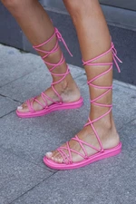 Madamra Fuchsia Women's Wrapped Lace-up Puff Sandals