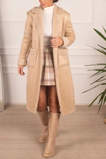 armonika Women's Beige Furry Pocket Detailed Buttoned Suede Long Coat