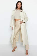 Trendyol Ecru Oversize Wide-Cut Belted Faux Leather Trench Coat