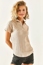 Olalook Women's Stone Shirt Collar Buttoned Textured Blouse