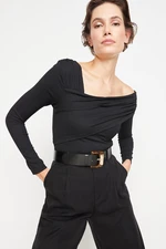 Trendyol Black Asymmetrical Collar Detailed Draped Fitted/Situated Crepe Knitted Body With Snap Button