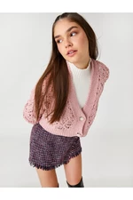Koton Crop Cardigan With Openwork Pearl Button Detailed Long Sleeve