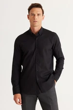 AC&Co / Altınyıldız Classics Men's Black Tailored Slim Fit Slim-fit Oxford Buttoned Collar Linen-Looking 100% Cotton Flared Shirt.