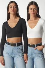 Happiness İstanbul Women's Black and White V-Neck 2-Pack Crop Top