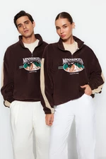 Trendyol Brown Unisex Oversize Zipper Stand-Up Collar Sleeves Stripe City Embroidery Fleece Sweatshirt.