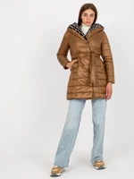 Transitional camel quilted jacket with belt