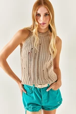 Olalook Women's Stone Halter Collar Laser Detailed Knitwear Blouse