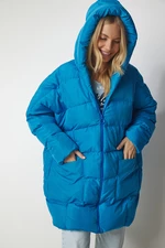 Happiness İstanbul Women's Sky Blue Hooded Oversize Puffer Coat